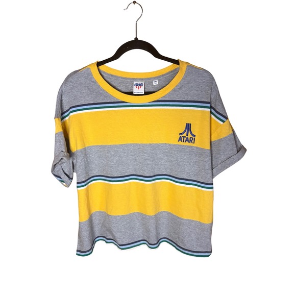 Junk Food Atari Striped Graphic T-Shirt Womens XXL Yellow Grey Retro Gaming Tee